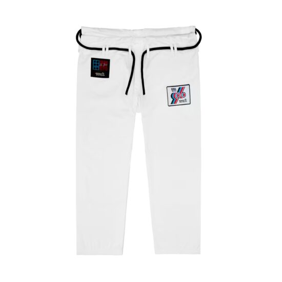Front view of the 96 Mundial white gi pants with 1996 patches and black drawstring