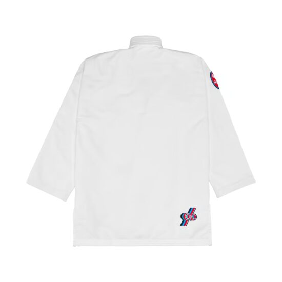 Back of the 96 Mundial white gi jacket with the striped 96 logo