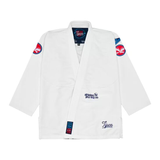 Front view of the 96 Mundial white Brazilian jiu-jitsu gi jacket with Tijuca embroidery