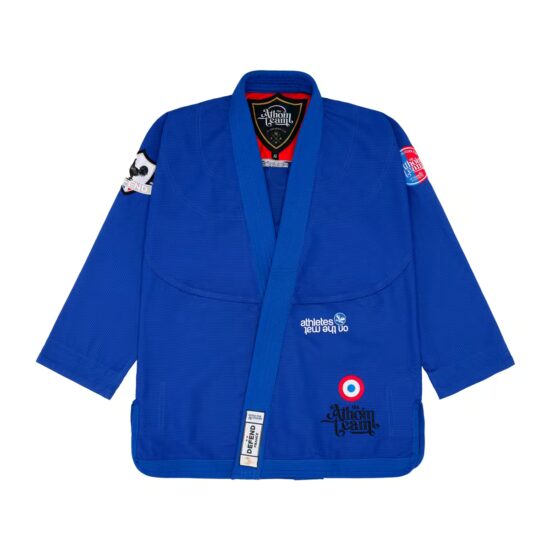 Front view of the Defend blue Brazilian jiu-jitsu gi jacket