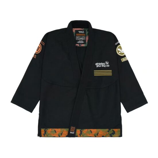 Front view of the Camo Black Brazilian jiu-jitsu gi jacket, 450 GSM