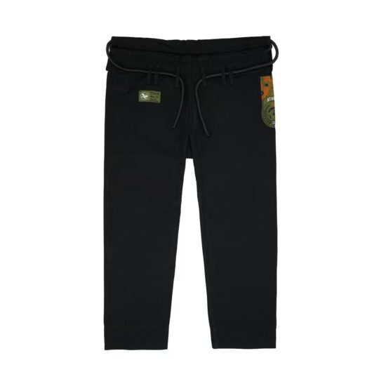 Front view of the Camo Black gi pants with drawstring waist