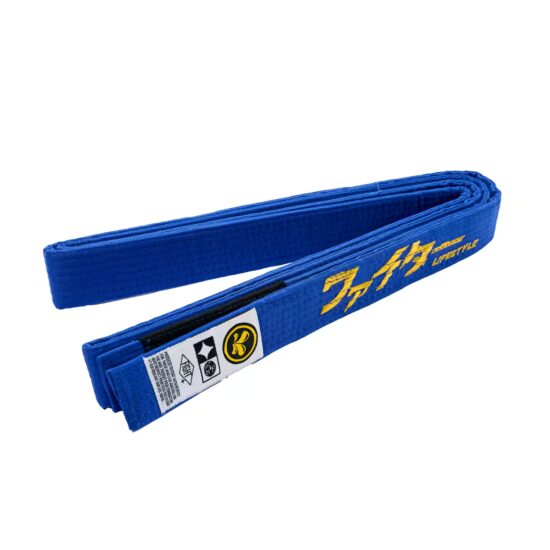 Ceinture de JJB KOSEN ATHOM bleue, barrette de grade noire et broderie dorée