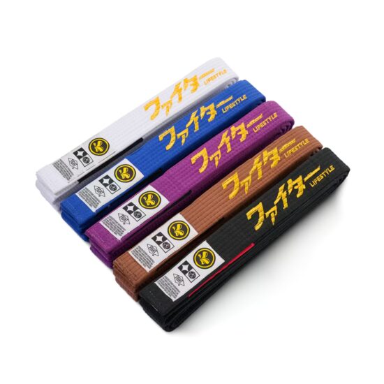 Full range of ATHOM KOSEN BJJ belts: white, blue, purple, brown and black