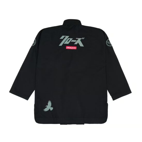 Back view of the Crow Zero black gi jacket, with embroidery across the shoulders