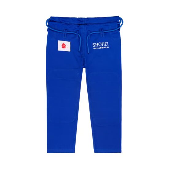 Front view of the Shohei blue gi pants, SHOHEI embroidery and reinforced knees