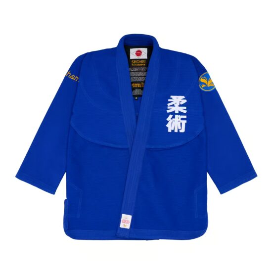 Front view of the Shohei blue BJJ gi jacket with the jiu-jitsu kanji in white